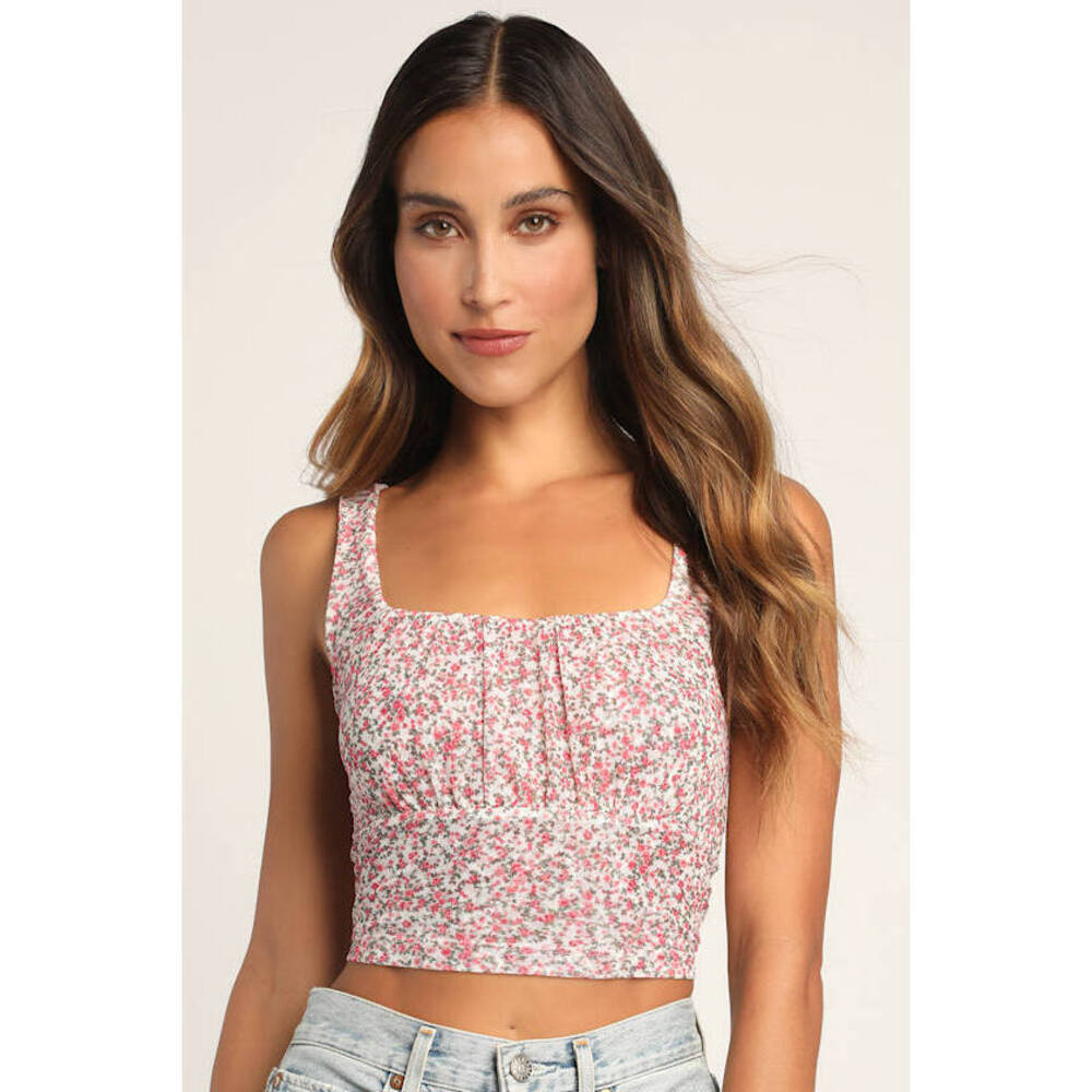 Lulus Did You Mesh Me Pink Floral Print Empire Waist Mesh Tank Top - Size S